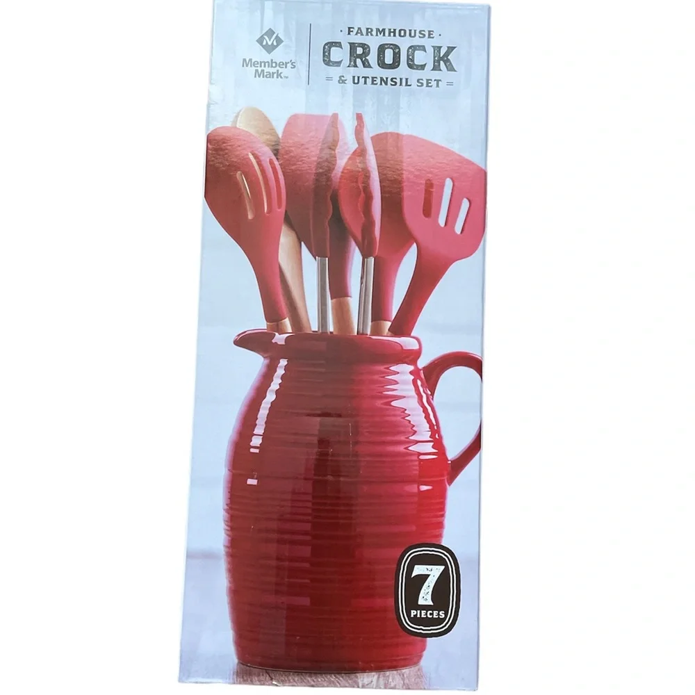 NWT Farmhouse Crock & Utensil 7 Piece Kitchen Cooking Baking Red Ceramic Set